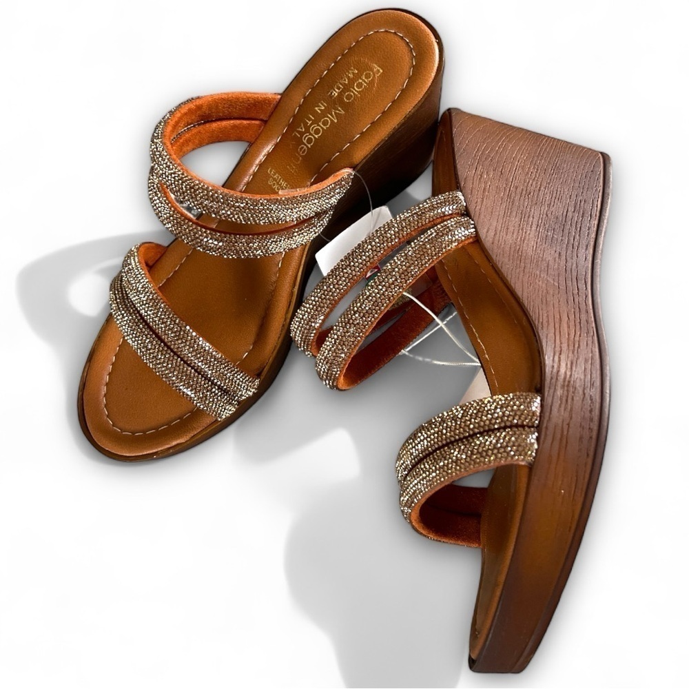 Fabio Maggenti Italian Gold Sparkle Open Toe Slip On Platform Sandals Size 8 New